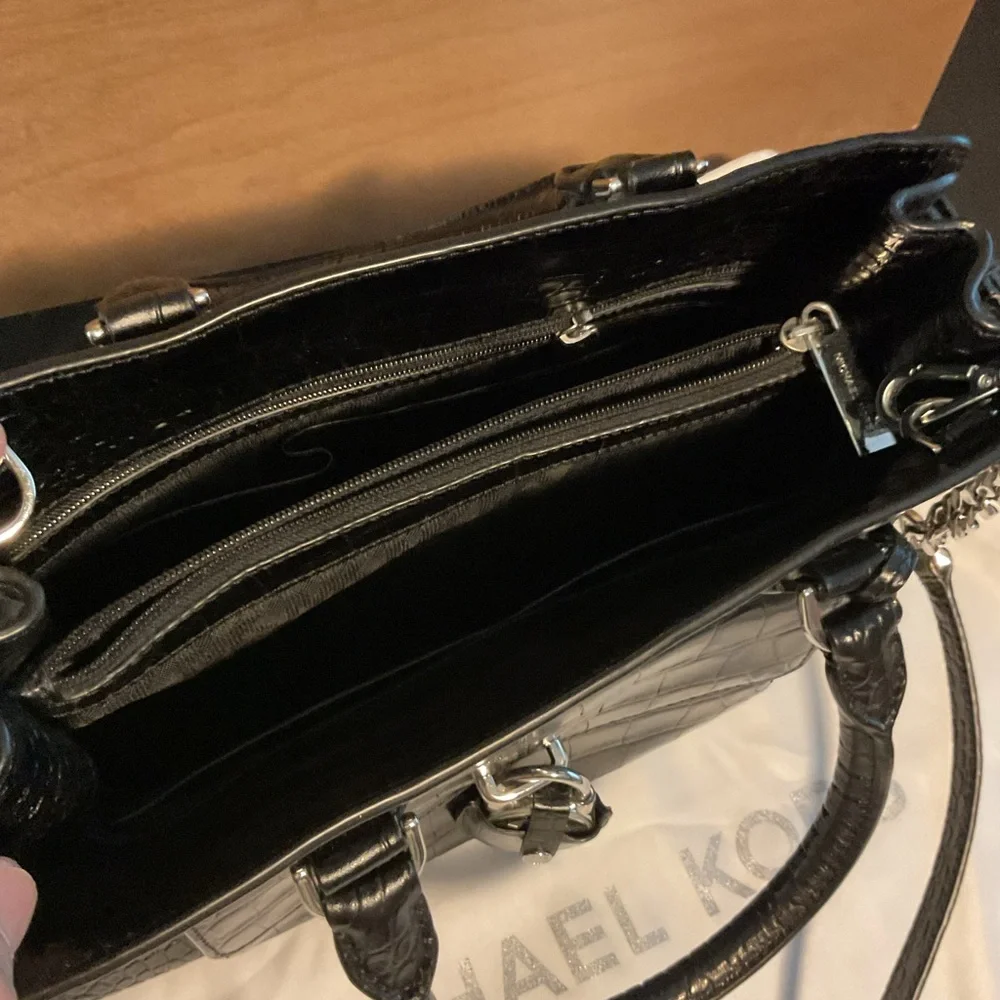 Michael Kors Black Croc-Embossed Satchel with Silver Chain Strap - Picture 3 of 3